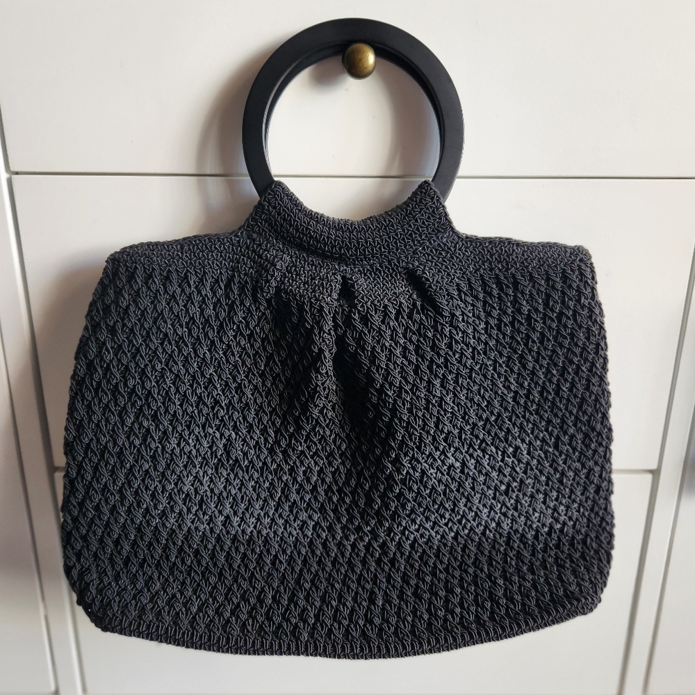Vintage 90s Liz Claiborne Knit Black Small Tote Bag Circle Metal Handle